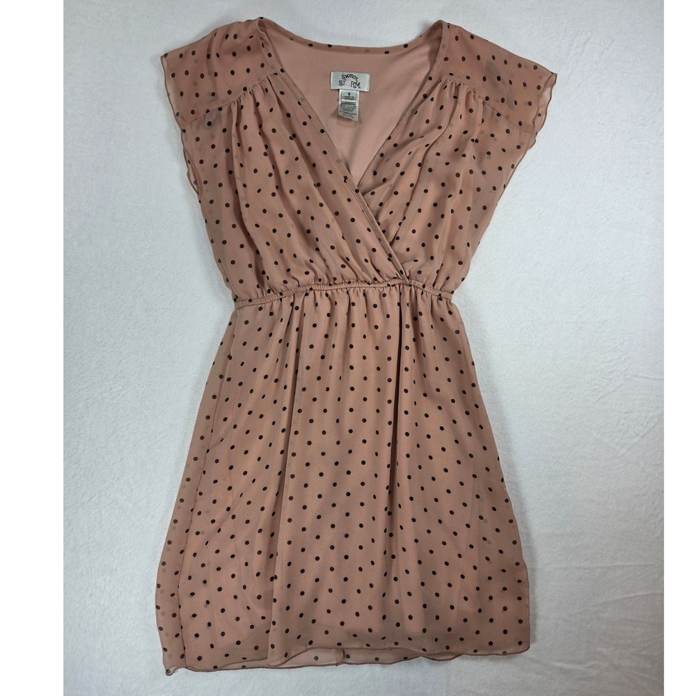 Sweet Storm Mauve Polka Dot Sheer Lined Sleeveless Plunge A-line Dress Sz Small